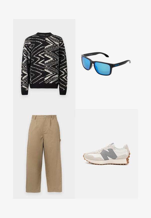 Maglione lavorato a maglia bianco e nero con motivi astratti a zig zag e geometrici, collo rotondo, maniche lunghe e polsini e orlo a coste.; Pantaloni larghi beige in misto cotone, con vita alta, pieghe frontali e due tasche laterali con chiusura a bottone.; Scarpa da corsa retro in bianco e grigio, con tomaia in suede e pelle, logo "N" grigio testurizzato e suola in gomma con trazione.; Occhiali da sole neri eleganti con lenti a specchio blu, montatura quadrata e dettaglio blu sulla tempia. Realizzati in materiale plastico leggero.