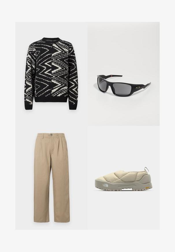 Suéter tricotado em preto e branco com padrões abstratos em zigzag e geométricos, gola redonda, mangas longas e punhos e barra canelados.; Calças bege de cintura alta com pregas, passadores de cinto, fecho de botão e pernas retas em fundo branco.; Sapatilha bege acolchoada sem fecho com sola Vibram cinza, de forma arredondada e com alça na parte de trás. Apresenta logo na lateral e superfície superior texturizada.; Óculos de sol pretos com forma retangular, feitos de plástico durável, com lentes cinzas e um detalhe dourado na lateral.