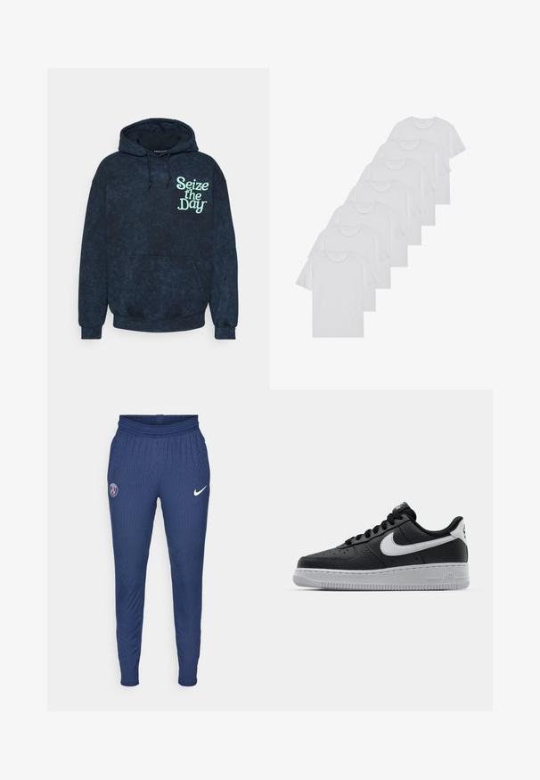 Mennace SEIZE THE DAY HOODIE - Camisola - black; T-shirts brancos de algodão, mangas curtas, design de gola redonda, com textura lisa, empilhados em fila, com uma marcação subtil na gola.; Calças de treino azul-marinho feitas de tecido texturizado, com um logotipo de Paris na coxa esquerda e um swoosh branco da Nike na direita.; Sapatilha de pele preta com superfície texturizada, swoosh branco da Nike, sola cinza, bico redondo e design com atacadores. Apresenta perfurações na caixa dos dedos.