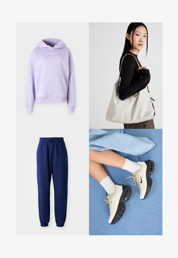 Sudadera ligera de color púrpura claro con un bolsillo frontal, capucha con cordón y texto "EDICIÓN DE ESTUDIO". Fabricada en un tejido suave con puños y dobladillo acanalados.; Pantalones de chándal azul marino hechos de una tela suave, que cuentan con una cintura elástica con cordón, puños elásticos y un pequeño logo blanco.; Las zapatillas Nike Air Max presentan un diseño en beige y negro, con una parte superior suave, amortiguación de aire visible y suelas de goma planas.; Bolso de mano beige hecho de material suave, con un diseño holgado, detalles cosidos y dos asas. Adecuado para uso diario.