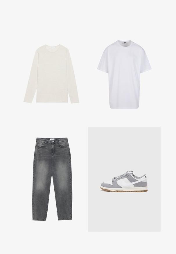 Kremasta majica z dolgimi rokavi, izdelana iz mehkega pletenega materiala. Ima okroglo ovratnico in sproščen kroj brez vidnih vzorcev ali dodatkov.; Bela bombažna majica s kratkimi rokavi, okroglim izrezom, sproščenim krojem in brez vidnih logotipov ali vzorcev. Gladka tekstura in minimalen dizajn.; Visoko pasovi, široke kavbojke iz obledelog črnega denima. Imajo pet žepov, zanke za pas in čisto, ravno obliko nog. ; Sive in bele teniske s suknim in usnjem zgornjim delom, zaobljenim nosom, ravnimi vezalkami in gumijastim podplatom z dodatkom gumijaste barve.