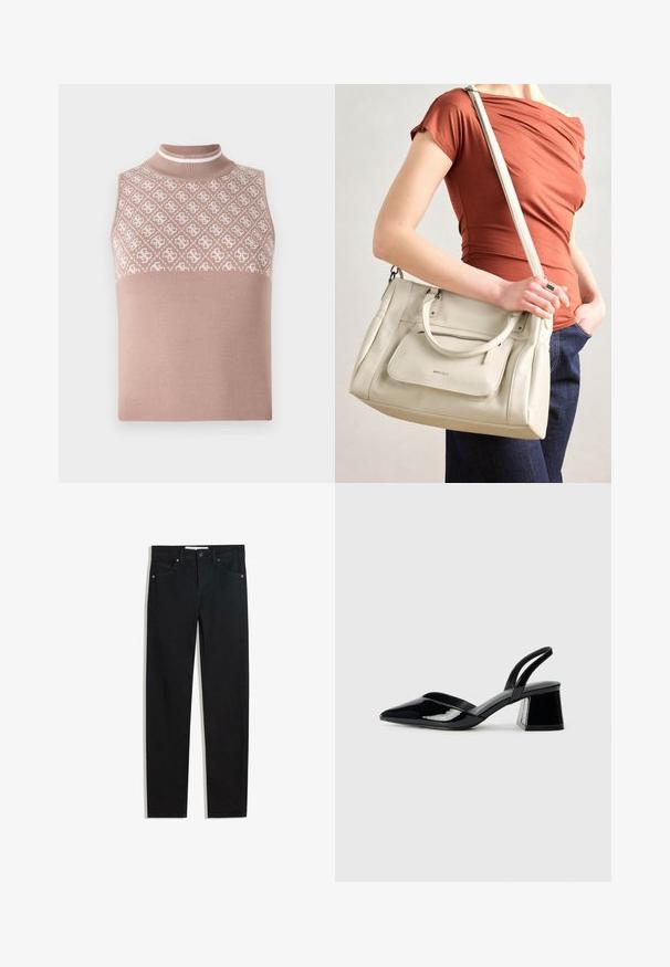 Bez rukava, pleteni top u svijetlosmeđoj boji s teksturiranim, uzorkovanim gornjim dijelom i prilagođenim kratkim rukavima. Ima glatki, jednolični donji dio.; Crne traperice s ravnim dizajnom nogavica, pet džepova, metalnim zatvaranjem na gumbe i suptilnim detaljima šivanja. Glatka tekstura.; Crne lakirane kožne sandale s otvorenom petom i špicastim vrhom, s geometrijskom blok petom. Imaju elegantan, minimalistički dizajn i glatku teksturu.; Bijela kožna torba s dvije ručke i odvojivim remenom, s prednjim zatvornim džepom i glatkom teksturom. Drži se na ruci osobe.