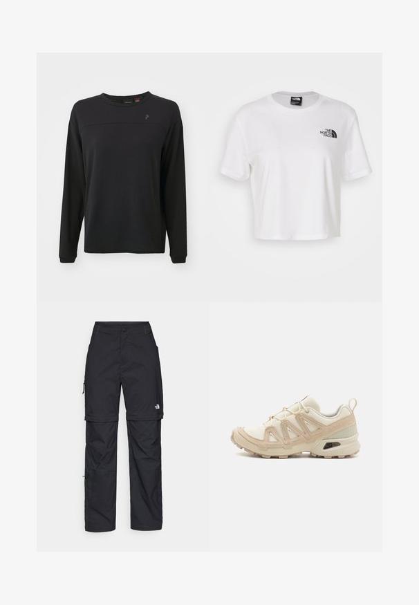 Svart langermet skjorte med teksturert stoff, rund hals og en subtil logo på brystet. Har en avslappet passform og sydd detaljer.; Hvit avkortet t-skjorte laget av bomull med rund hals og korte ermer. Har en svart logo på venstre bryst.; Svarte nylon cargo-bukser med glidelås og justerbare mansjetter, flere lommer og en logo på høyre bein. Glatt, lett tekstur.; Beige og krem joggesko med teksturert mesh-overdel, støttende overlegg og gummisåle med et mønster for godt grep.