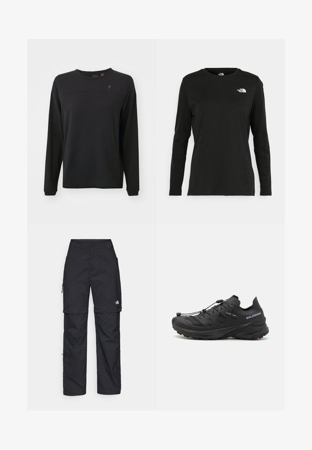 Crna majica dugih rukava s teksturiranim materijalom, okruglim izrezom i suptilnim logom na prsima. Ima opuštenu siluetu i šivane detalje.; Crni dugih rukava majica od pamuka s okruglim izrezom. Ima mali bijeli logo na lijevoj strani prsnog područja. Jednostavan dizajn i kroj.; Crne najlon hlače s munjevim zatvaranjem, odvojive cargo hlače s podesivim manžetama, brojnim džepovima i logom na desnoj nozi. Glatka, lagana tekstura.; Crne trail trkačke cipele s teksturiranim gornjim dijelom, mrežastim panelima i sigurnim sustavom zatvaranja. Imaju robusnu potplate za prianjanje.