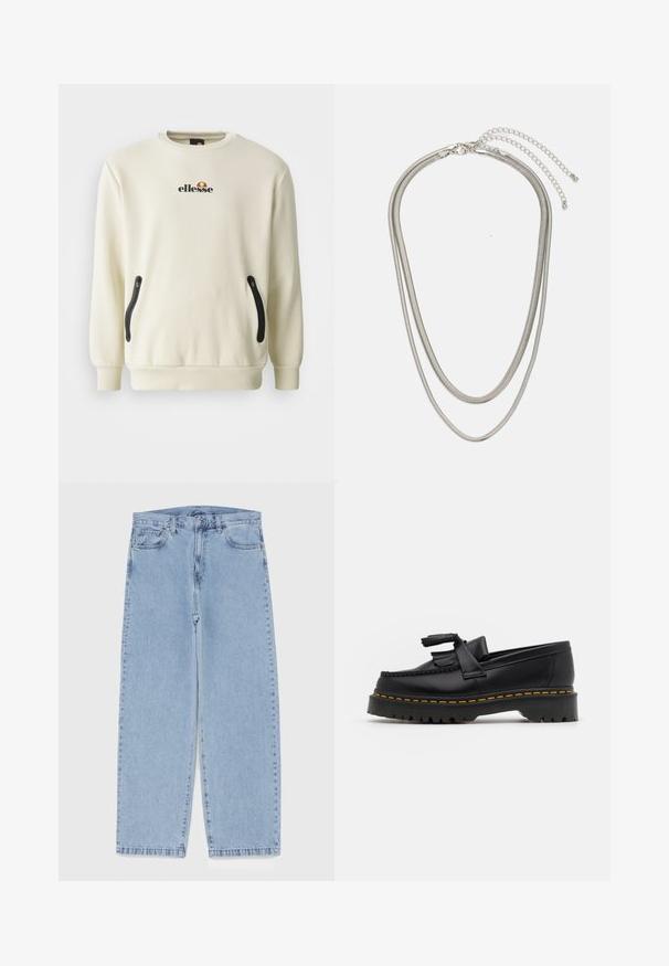 Cream-colored sweatshirt with a round neckline, featuring a logo on the chest, and two black zippered side pockets. Smooth fabric texture.; Five long-sleeve T-shirts in a row: turquoise, black, white, dark gray, and navy blue. Soft fabric with crew neck design and standard fit.; Light blue denim jeans with straight leg design, featuring a mid-rise waist, five pockets, and a button and zipper closure.; Black leather loafer with a tasseled accent, featuring a chunky black sole and yellow stitching along the edge. Textured finish.; Three-layered silver metal necklace featuring sleek, flexible chains with a slight sheen, secured with a lobster clasp and adjustable chain.