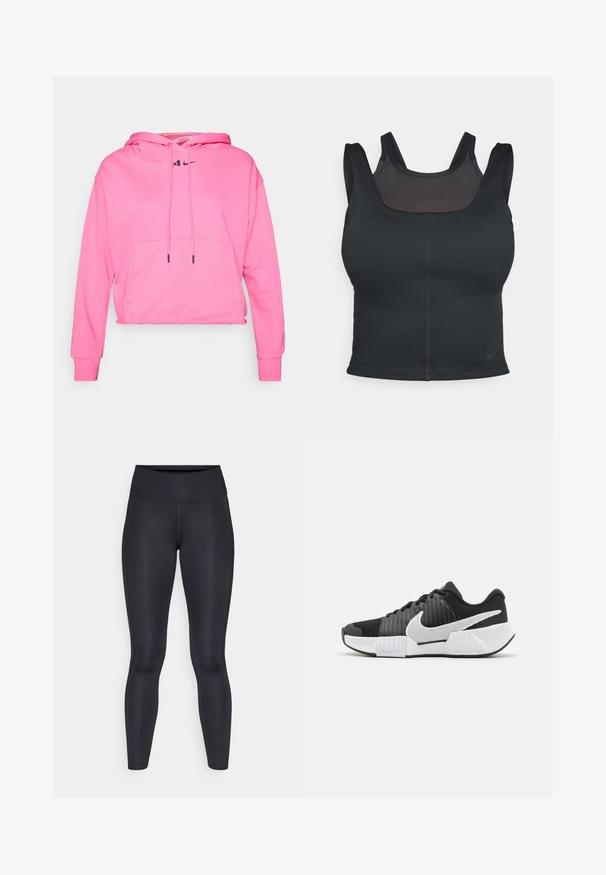 Ružový skrátený hoodie vyrobený z mäkkého materiálu, s klokanou kapsou, nastaviteľnými šnúrkami a čiernym logom Nike na hrudníku.; Čierna športová podprsenka s priliehavým strihom, širokými ramienkami a sieťovinou na prednej strane. Hladký povrch a minimálne švy. Logo Nike na leme.; Čierne legíny vyrobené z hladkej, elastickej tkaniny. Vysoký pás bez viditeľných vzorov alebo akcentov. Úzke od pásu po členky.; Čierno-biele športové topánky s textúrovaným zvrškom, výrazným logom Nike a kontrastným dizajnom podrážky pre lepšiu priľnavosť a stabilitu.