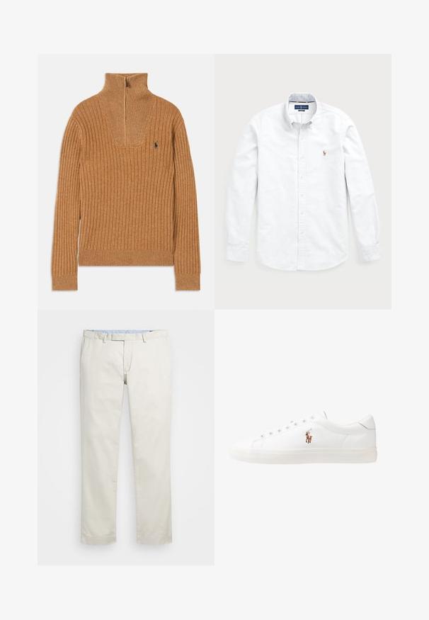 Suéter castanho com nervuras, gola alta, fecho de zip até ao quartzo e pequeno logótipo no peitoral. Textura suave, design ajustado e mangas longas.; Camisa branca de mangas longas com botões, feita de algodão. Apresenta um colarinho amplo, fecho de botão e um pequeno logótipo bordado no peito.; Chinos de algodão bege com frente plana, passantes para cinto e bolsos laterais. Design de perna reta com uma textura suave e uma sensação leve e respirável.; Sapatilhas de couro brancas, design de cano baixo, com textura suave, biqueira redonda, atacadores à frente e um pequeno logótipo bordado na lateral.