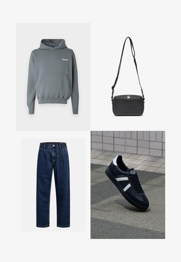 Pilkas polaras džemperis su priekiu kišene, gaubtu su virvutėmis, raštuotais rankogaliais ir mažuoju baltu logotipu kairėje krūtinės pusėje. Lygi tekstūra.; Tamsiai mėlynos džinsinės kelnės su tiesiu sijonu. Savybė - matoma siūlė, mygtuko uždarymas ir priekinei daliai raukiniai, suteikiantys papildomą detales.; Juodas odinis sportinis batelis su baltais dryžiais, tekstūruota gumine padais ir raišteliais priekyje. Yra prekės ženklą žymintis etiketė ant liežuvio.; Juodas odinis per petį nešiojamas krepšys su užtrauktuku, iškilniu logotipu priekyje ir reguliuojama dirželiu. Lygus paviršius, stačiakampio formos.