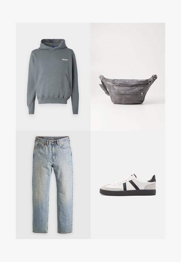 Hoodie en polaire grise avec une poche avant, capuche à cordon, poignets côtelés et un petit logo blanc sur la poitrine gauche. Texture lisse.; Jean en denim bleu clair à taille haute, avec bouton avant, fermeture éclair et design à cinq poches, posé à plat sur un fond neutre.; Baskets blanches avec des accents noirs et gris, présentant un embout texturé gris, une semelle en caoutchouc noir et des lacets plats blancs. Design épuré, style minimaliste.; Sac banane en suède gris avec une forme arrondie, deux compartiments zippés et une sangle réglable. Comprend des accents en métal.