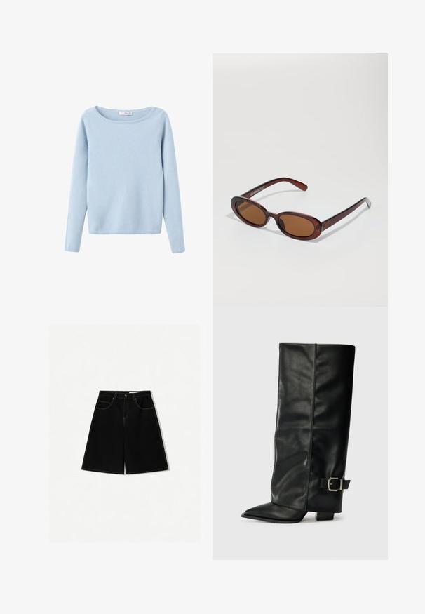 Světle modrý pletený svetr s dlouhým rukávem a širokým kulatým výstřihem, jednoduchý styl a žebrované manžety a lem.; Černé džínsové šortky s volným střihem, které mají pět kapes, žluté švy a středně vysoký pas.; Černé kožené kotníkové boty až po kotníky s špičatou špičkou, hladkým povrchem a stříbrnou sponou na boku. Masivní čtveritý podpatek.; Kulaté sluneční brýle hnědé barvy s lesklým burgundským rámem. Úzké nožičky s jemným logem. Rovné čočky.; Casio kvartzové hodinky s obdélníkovým stříbrným ciferníkem, zlatými akcenty a dvoubarevným kovovým náramkem ve stříbrné a zlaté barvě. Voděodolné.