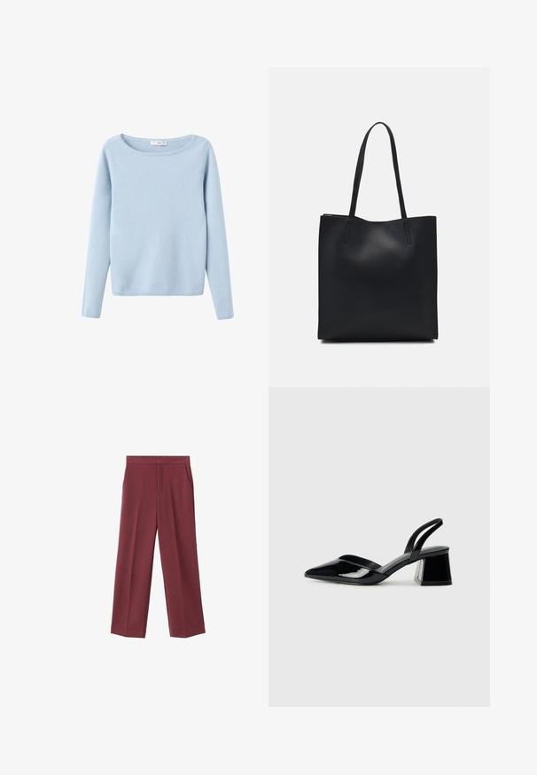 Ljusblå långärmad stickad tröja med vid rund halsringning, enkel stil och ribbade ärmslut och nederkant.; Bordeaux bredderbyxor med en slät textur, med sidofickor och hög midja. Skräddarsydda med en ren frontveck.; Svarta lackläder slingback klackar med spetsig tå och geometrisk klack. Har en elegant, minimalistisk design och slät yta.; Svart lädertoffelväska med slät textur, rektangulär form och två långa handtag. Ingen synlig hårdvara eller dekorationer.