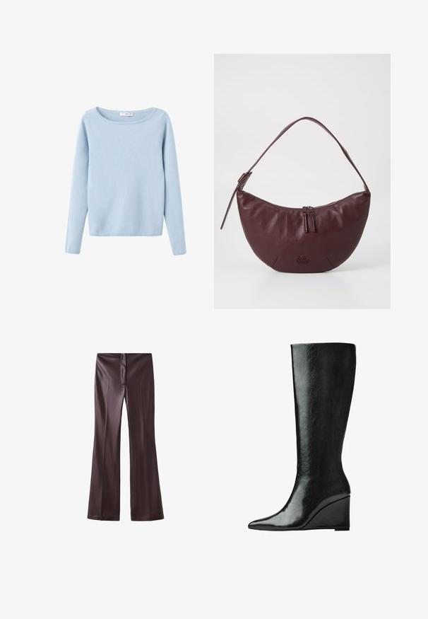 Ljusblå långärmad stickad tröja med vid rund halsringning, enkel stil och ribbade ärmslut och nederkant.; Bruna utsvängda byxor gjorda av ett mjukt tyg med en slät yta. Har en framzipper och en ren midjeband.; Knähöga svarta läderstövlar med en slank, spetsig tå och kilklack. Ytan är slät med en glansig finish.; Mörkröd läderhandväska med en böjd design, som har en dragkedjestängning, två dragkedjehandtag och en kort axelrem. Detaljer inkluderar pr Präglad logotyp.