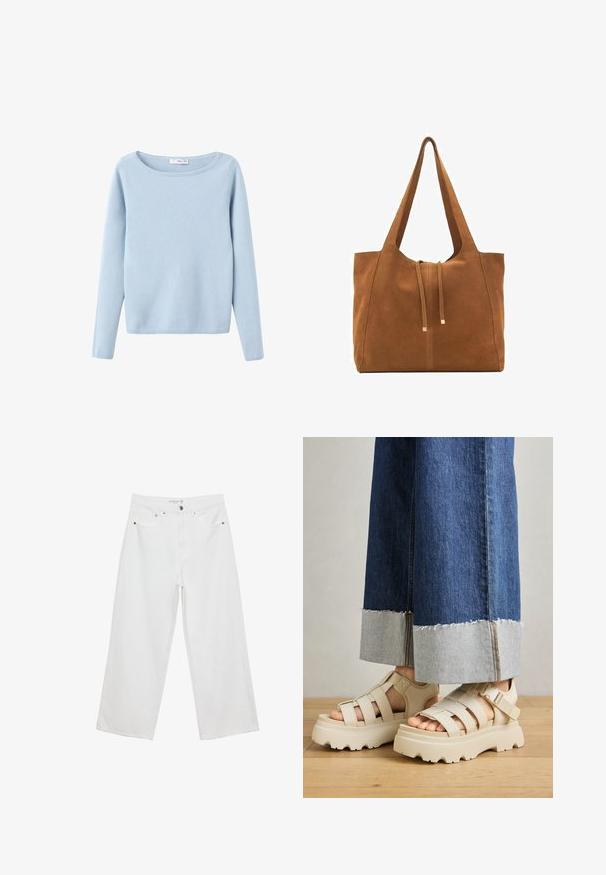 Jasnoniebieski dzianinowy sweter z długim rękawem, o szerokim okrągłym dekolcie, prosty fason oraz ściągacze przy mankietach i u dołu.; Białe spodnie dżinsowe w stylu szerokich nogawek z wysokim stanem, wyposażone w pięć kieszeni i metalowe akcenty. Gładka struktura, bez widocznych wzorów.; Beżowe sandały na platformie z grubymi podeszwami mają paskowy fason i regulowane paski na kostce. Noszone z szerokimi dżinsowymi spodniami, jeden z mankietów jest postrzępiony.; Brązowa torba tote z zamszu z dwoma długimi paskami, zamknięciem na sznurek i minimalistycznym wzornictwem. Gładka tekstura i brak widocznych akcentów metalowych.