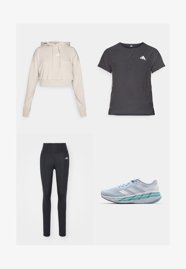 Světle béžová zkrácená mikina s kapucí, vyznačující se bílým trojúhelníkovým logem a bílými bočními pruhy. Vyrobena z měkké, texturované tkaniny.; Kraťasový sportovní tričko, tmavě šedé barvy s perforovanou texturou. Obsahuje bílé logo a kontrastní boční pruhy. Kulatý výstřih.; Černé sportovní legíny vyrobené z elastické tkaniny, s vysokým pasem a bílým logem značky na levém boku.; Světlomodré sportovní boty s texturovaným pleteným svrškem, bílými akcenty a průhledným zeleným mezipodešví. Oválná špička a polstrovaný límec.
