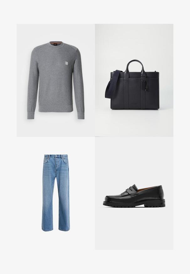 Szürke, kötött pulóver hosszú ujjakkal, bordás mandzsettákkal és kerek nyakkivágással. A mellrészen egy kis négyzet alakú logó található.; Világoskék farmernadrág, egyenes szárú fazonnal, öt zsebbel, gombos záródással, minimális kopással és kontrasztos varrással.; Fekete bőr loaferek kiemelkedő varrással, két díszcsíkkal a felső részen és vastag, struktúrált talppal rendelkeznek a jobb tapadás érdekében.; Sötét tengerészkék bőr aktatáska, dupla felső fogantyúval és levehető pánttal. Texturált felülettel, függőleges varrással és logó részlettel rendelkezik.