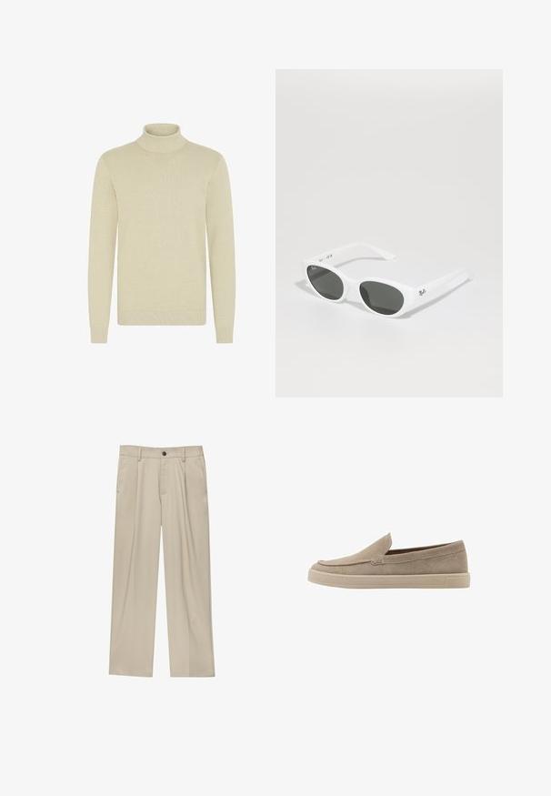 Vaaleanbeige korkeakaulainen neule, jossa on teksturoitu kirjontakuvio, pitkät hihat sekä joustavat hihansuut ja helmaviimeistely. Pehmeä, mukava kangas.; Beige-housut suoran leikkauksen omaavina, joissa on yksi musta nappi, vyölenkit ja sivutaskut. Sileä kangas ja minimalisti muotoilu.; Beige mokkasiner i suedemateriale med rund tå, lavprofil design og teksturert overflate. Har subtile stikninger langs overdelen.; Valkoiset aurinkolasit pyöreillä kehysmuodoilla ja tummilla linsseillä. Ominaisuudet sileä muovinen pinta ja pieni logo varressa.