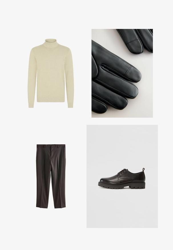 Svetlo béžový rolák s textúrovaným pleteným vzorom, dlhými rukávmi a rebrovanými manžetami a spodným okrajom. Mäkkučký a útulný materiál.; Tmavohnedé nohavice s rovným predným dizajnom, dvoma bočnými vreckami, upraveným strihom a hladkou textúrou látky. Štandardný pás s pútkami na opasok.; Čierne kožené šnurovacie topánky s hladkým povrchom, okrúhlou špičkou, hrubou gumovou podrážkou so vzorom a malou pätkou.; Čierne kožené rukavice s hladkou textúrou, elegantným dizajnom a výrazným prešívaním pozdĺž prstov, pričom každý prst má mierne zaoblený hrot.; Pier One SET - Hodinky - black/brown; Pier One SET - Hodinky - black/brown