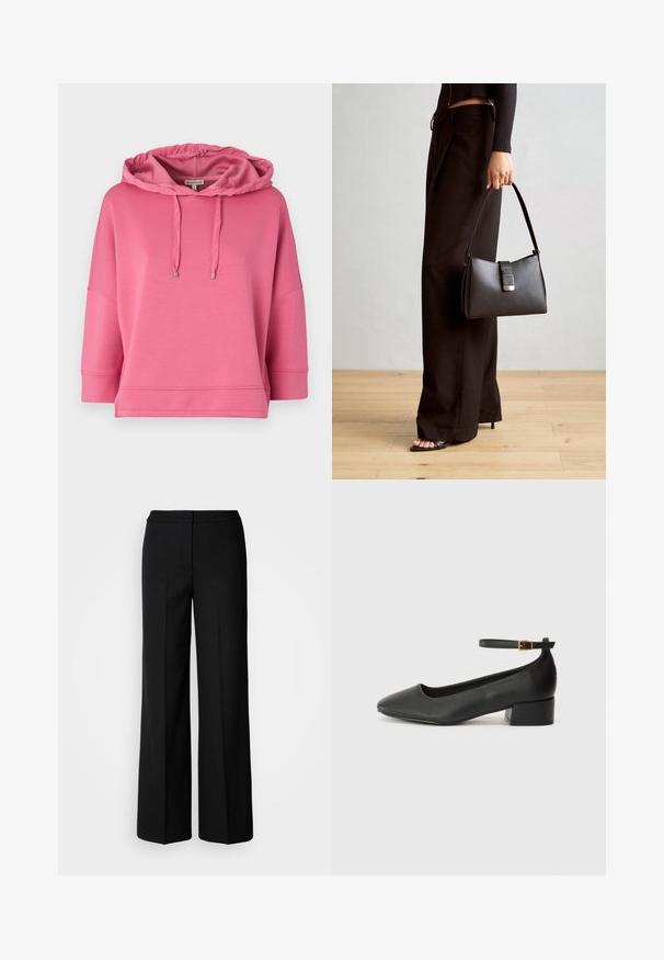 Rožinė gobtuvinė džinsinė striukė, pagaminta iš švelnios medžiagos. Turi laisvą siluetą, plačias rankoves ir raištelius su metaliniais galiukais.; Juodos plačios kojų kelnės su lygia medžiaga, pasižyminčios aukštu liemeniu, pritaikytais siūlėmis ir minimalistiniu dizainu. Nėra matomų metalo detalių ar kišenių.; Juodas odinis aukštakulnis batelis su smailiu pirštu ir žemu bloku. Su kulkšnies dirželiu su auksinės spalvos sagtimi. Lygus paviršius.; Juodas rankinė struktūrizuota forma, lygi tekstūra ir metalinis užsegimas. Suporuota su plačiomis juodomis kelnėmis ir atvirais bateliais ant medinių grindų.