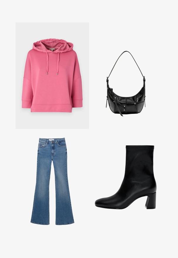 Roza kapuca s puloverjem iz mehkega materiala. Ima sproščen kroj, široke rokave in šnure z kovinskimi konicami.; Modri jeans s širokimi hlačnicami, s sprednjimi in zadnjimi žepi, petimi pasnimi zankami in gumbom za zapiranje, položeni na belo podlago.; Črne gležnjarje iz gladke usnjene obutve. Imajo kvadratni nos, elastičen vrh in široko peto za stabilnost. Minimalističen dizajn.; Črna usnjena torba za ramo s krivuljasto obliko, okrašena z srebrnimi žebljički in šivi. Nastavljiv trak za prilagodljivost.