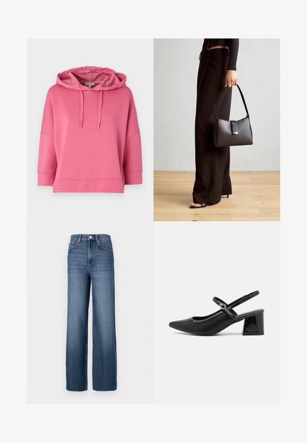 Ružová mikina s kapucňou vyrobená z mäkkej tkaniny. Má uvoľnený strih, široké rukávy a šnúrky so kovovými špičkami.; Modré denimové džínsy s vysokým pásom a širokým strihom. Obsahujú klasický dizajn s piatimi vreckami a kovovými gombíkmi.; Čierne lakované kožené lodičky so slingback dizajnom, špicatou špičkou, zaobleným výrezom a blokovým podpätkom. Obsahuje akcent zlatého tónu s prackou.; Čierna kabelka so štruktúrovaným tvarom, hladkou textúrou a kovovou sponou. V kombinácii so širokými čiernymi nohavicami a sandálmi s otvorenou špičkou na drevenej podlahe.