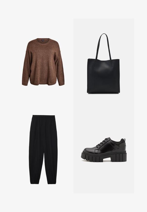 Rjav pleteni pulover s krožno ovratnikom, sproščenim krojem, spuščenimi rameni in stranskimi odprtinami. Mehka tekstura in rahlo ohlapen oblik.; Črne, lahke hlače z elastičnim pasom in nabranimi gležnji. Tkanina je gladka in ima sproščen, taperiran dizajn.; Črne usnjene platforme z debelim blokastim petam, okroglo konico in klasičnim vezanjem. Imajo gladko teksturo in minimalne podrobnosti.; Črna usnjena torba s svilnato teksturo, pravokotne oblike in dvema dolgima ročajema. Brez vidnih metalnih delov ali okrasnih elementov.