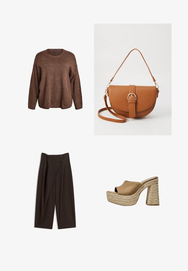 Brown knitted sweater with a crew neckline, relaxed fit, dropped shoulders, and side slits. Soft texture and slightly loose shape.; Dark brown wide-leg trousers with a high waist, featuring a single button closure and a pleated front. Made from lightweight fabric.; Brown suede platform mules with an open toe, featuring a chunky braided jute heel and a smooth, rounded upper design.; Brown leather crossbody bag with a curved shape, gold hardware, and a buckle accent. Features a detachable shoulder strap.