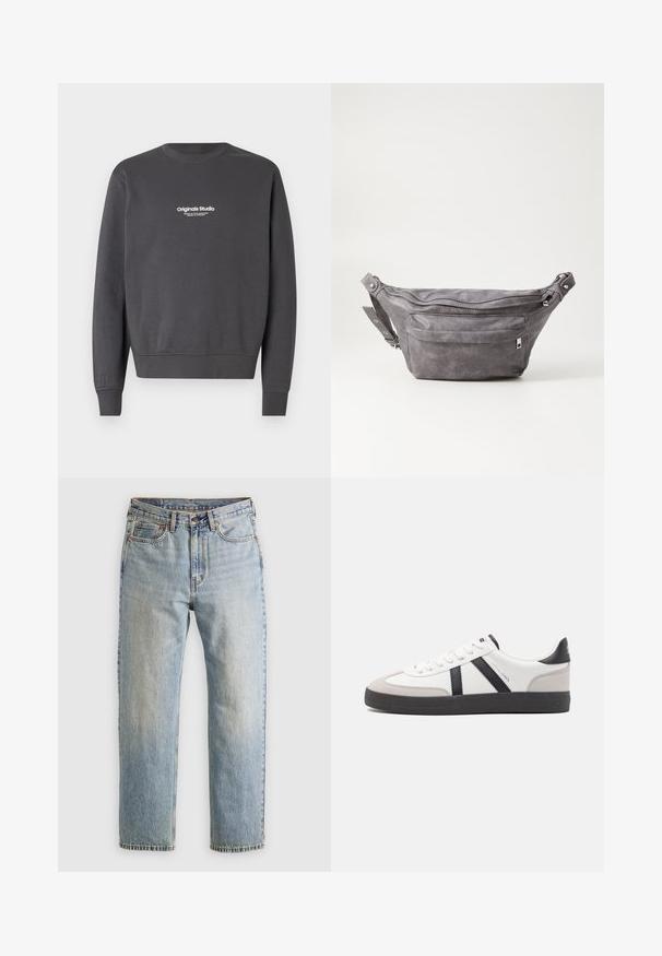 Tmavo šedá mikina s dlhými rukávmi, okrúhlym výstrihom a rebrovanými manžetami. Obsahuje malé biele logo na oblasti hrude.; Svetlomodré džínsy s vysokým pásom, predným gombíkom, zipsom a dizajnom s piatimi vreckami, rozložené na neutrálnom pozadí.; Biele tenisky s čiernymi a šedými akcentmi, s textúrovanou šedou špičkou, čiernou gumovou podrážkou a plochými bielymi šnúrkami. Čistý dizajn, minimalistický štýl.; Sivá semišová ľadvinka s okrúhlym tvarom, dvoma zipsovými priehradkami a nastaviteľným popruhom. Obsahuje kovové prvky.