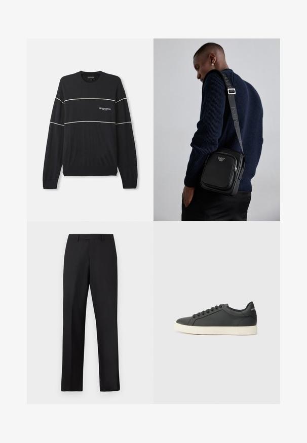 Tamsiai mėlyna megztinis su ilgomis rankovėmis, turintis baltas horizontaliąsias juosteles ir logotipą kairiajame krūtinės kampe. Raštuoti rankogaliai ir apvadas.; Juodos, tiesios kojų kelnės iš lygaus audinio. Turi standartinę juosmens juostą ir neturi matomų raštų ar akcentų.; Juodos odinės sportinės bateliai su žemu profiliu, apvaliu pirštu ir raištelių uždarymu; turi tekstūruotą guminį padą ir logotipo detalę ant kulno.; Juodas odinis kryžiumi nešiojamas krepšys su užtraukiamu skyriumi, logotipo detale ir prekinio ženklo reguliuojama juosta. Dėvimas ant tekstūrinio tamsiai mėlyno megztinio.