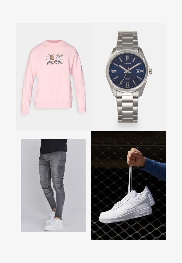 Sudadera rosa con ilustraciones impresas de un perro y un personaje con un sombrero, junto con el texto "malbon" en cursiva.; Jeans ajustados en denim gris desgastado, con detalles desgastados en las rodillas, combinados con zapatillas blancas. Textura suave, diseño de corte slim.; Zapatillas de cuero blanco con perforaciones, punta redonda, suela plana y cordones gruesos, con un logo de swoosh visible y "AIR" en el talón.; Reloj de pulsera de acero inoxidable plateado con una esfera azul marina, marcadores horarios metálicos y una ventana de fecha a las 3 en punto. Resistente al agua hasta 50 metros.
