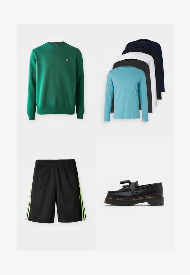 Πράσινη μπλούζα φούτερ από βαμβακερό μείγμα υφάσματος. Διαθέτει ριχτό στρογγυλό λαιμό, μακριά μανίκια και μια μικρή μελωδία λογότυπου στο στήθος.; Πέντε μακριά μανίκια μπλούζες το ένα δίπλα στο άλλο: τουρκουάζ, μαύρο, λευκό, σκούρο γκρι και ναυτικό μπλε. Μαλακό ύφασμα με σχέδιο για λαιμό crew και κανονική εφαρμογή.; Μαύρο σορτς αθλητισμού με ελαστική μέση, με δύο κατακόρυφες νεον πράσινες ρίγες σε κάθε πλευρά και ένα μικρό λογότυπο στην μπροστά αριστερή πλευρά.; Μαύρο δερμάτινο loafer με τασέλ καφέ, με χοντρή μαύρη σόλα και κίτρινη ραφή στην άκρη. Υφή με υλικό texture.