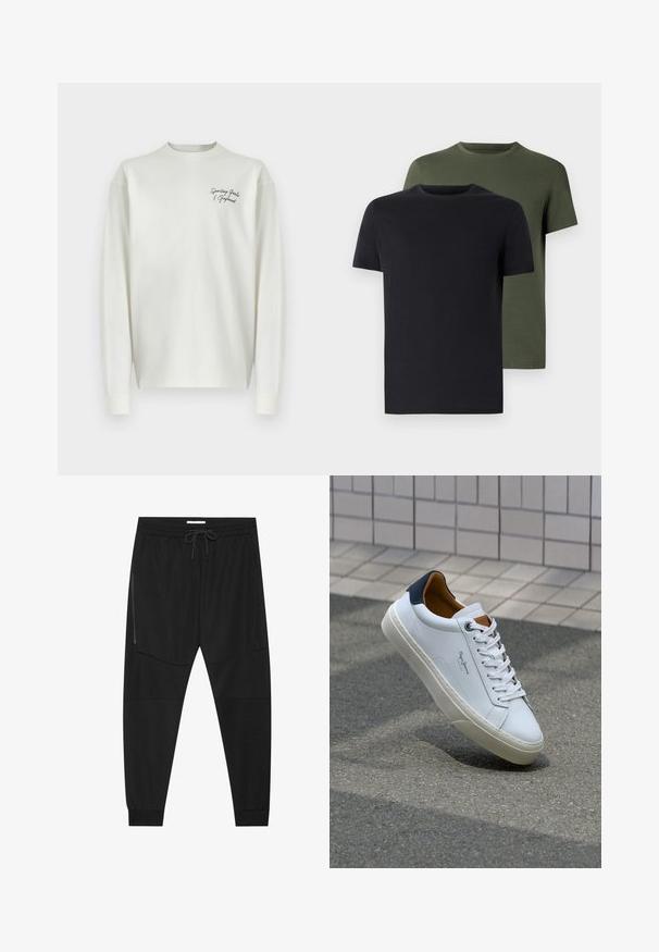 T-shirt blanc à manches longues avec un col rond et un texte en relief noir contrastant sur la poitrine. Fabriqué en tissu doux avec une coupe décontractée.; Deux t-shirts col ras du cou en noir et vert olive, fabriqués en coton doux. Le design est simple avec des manches courtes et une coupe droite.; Pantalons de sport noirs en tissu texturé, dotés d'une taille réglable, d'une poche latérale zippée et de chevrons resserrés.; Sneaker en cuir blanc avec un talon bleu marine, bout rond et accents marron contrastés. Dispose de lacets plats et d'une semelle en caoutchouc texturée.