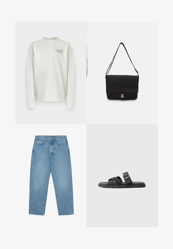 Biała koszulka z długim rękawem, okrągłym dekoltem i kontrastowym czarnym haftowanym napisem na piersi. Wykonana z miękkiego materiału, z luźnym krojem.; Jasnoniebieskie dżinsowe spodnie o szerokich nogawkach i wysokim stanie, z pięcioma kieszeniami, szlufkami na pasek oraz miękką, lekko przytłumioną fakturą.; Czarne sandały z plecionymi paskami, płaską podeszwą i zapięciem na kostkę. Wykonane z materiału syntetycznego o gładkim wykończeniu.; Czarna torba na ramię wykonana z gładkiego materiału, z klapą na złożeniu, srebrnymi zapięciami i regulowanym paskiem na ramię.