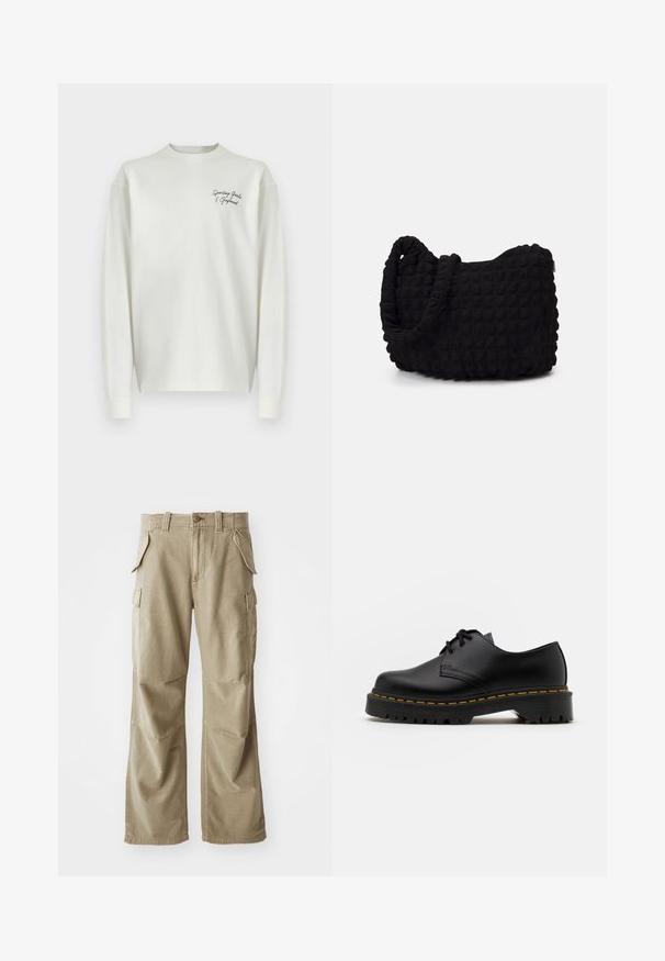 Bílá dlouhá trika s dlouhým rukávem a kulatým výstřihem, na kterém je kontrastní černý vyšívaný text. Vyrobeno z měkkého materiálu s volným střihem.; Béžové cargo kalhoty vyrobené z odolné látky, s uvolněným střihem, několika bočními kapsami a zesílenými koleny. Plochý přední design.; Černá kůže šněrovací boty s kulatou špičkou, texturovanou gumovou podrážkou a žlutým prošíváním kolem základny. Plný design a hladký povrch.; Černá látková taška s texturovaným, prošívaným vzorem. Zaoblený tvar, krátké, silné uchy a měkká, flexibilní struktura.