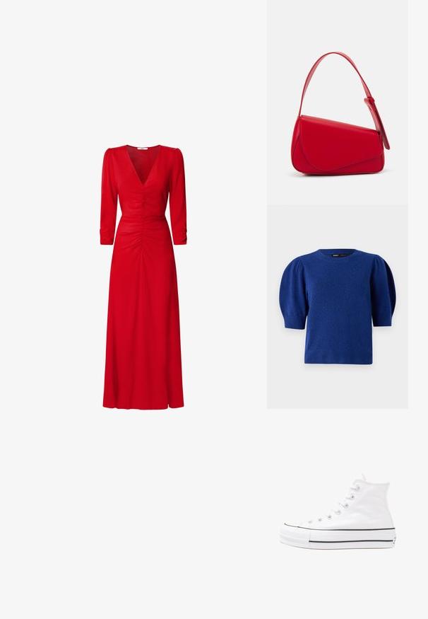 Modrý pletený svetr s krátkými nabíranými rukávy a kulatým výstřihem. Má jemnou strukturu a žebrovaný lem a manžety.; Červené šaty s výstřihem do V, tříčtvrtečními rukávy a nařasením v pase a na zádech. Látka vypadá hladce a lehce.; Bílé vysoké plátěné tenisky s černou gumovou podrážkou, přední gumovou špičkou a šesti očky na tkaničky, se čistým, minimalistickým designem.; Červená kožená kabelka s ostrým, geometrickým designem. Má jeden nastavitelný popruh a klopu s prošívanými detaily.