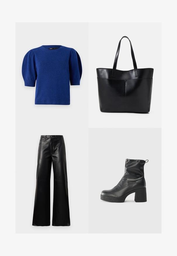 Pulover albastru tricotat cu mâneci scurte tip puff și guler rotund. Are o textură moale și tivuri și manșete canalate.; Pantaloni negri cu talie înaltă, largi, din piele sintetică, cu nasture frontal, închidere cu fermoar, bucle pentru centură și buzunare laterale pe fundal alb.; Bocanci negri de glezna din piele netedă, cu fermoar lateral, toc texturat și masiv, și design cu vârf rotund.; Geantă oversized din piele neagră, cu două mânere lungi, de textură netedă și formă structurată. Are un buzunar frontal pentru stocare suplimentară.
