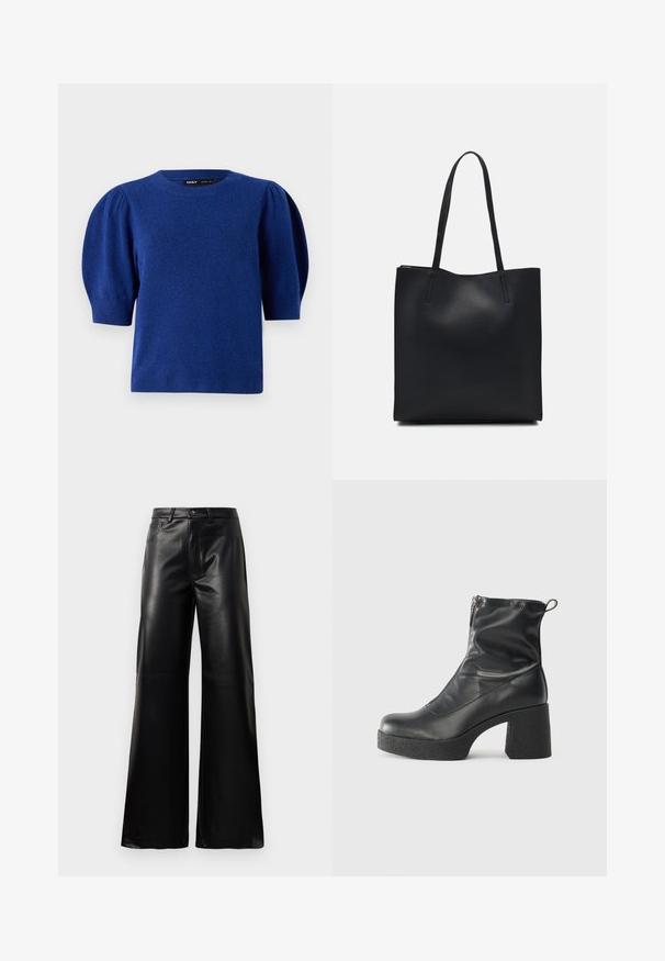 Sinine kudumine särk lühikeste puffvarrukatega ja ümmarguse kaelusega. Omab pehmet tekstuuri ning soonikkoes alumist äärt ja varrukate äärt.; Mustad talje laiad jalad kunstnahast püksid esipaneeli nööbi ja lukuga, vöödega ja küljetaskutega valge tausta peal.; Mustad mustad ansapüksid, mis on valmistatud siledast nahast, külje zipperiga, paksu tekstuuriga kontsaga ja ümmarguse nina disainiga.; Mustast nahast kott sujuva tekstuuriga, ristkülikukujuline ja kahe pika sangaga. Pole nähtavat riistvara ega kaunistusi.