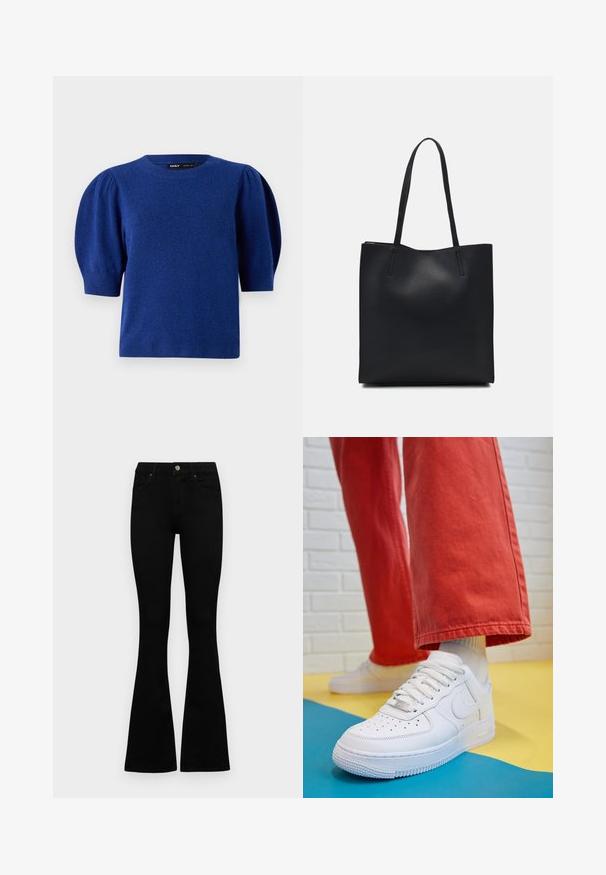 Pull en tricot bleu avec des manches ballons courtes et un col rond. Présente une texture douce et un ourlet et des poignets côtelés.; Jean noir taille haute avec fermeture à bouton et à zip, poches avant et jambes évasées, posés à plat sur un fond blanc.; Baskets blanches en cuir avec une boîte à orteils perforée, semelle texturée et lacets blancs, associées à un large pantalon rouge et un fond bleu et jaune.; Sac fourre-tout en cuir noir avec une texture lisse, de forme rectangulaire et deux longues poignées. Pas de matériel ou d'ornementations visibles.