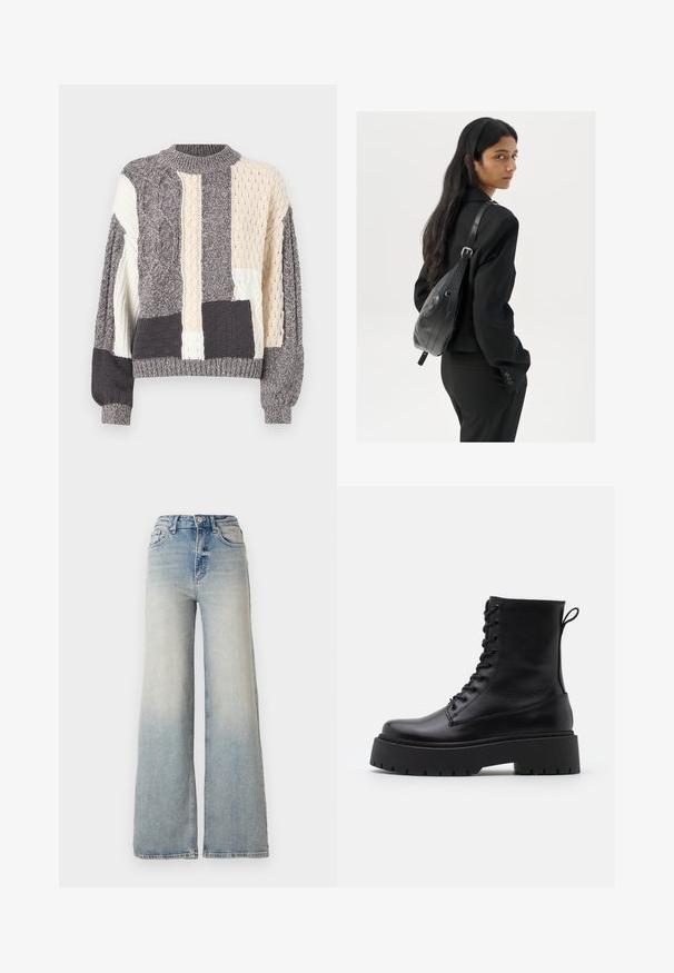 Pull en patchwork gris et crème avec différentes textures en tricot à câble, col rond et bords côtes au niveau des manches et de l'ourlet.; Jeans large en denim bleu clair, à taille haute, avec cinq poches et couture visible le long des coutures.; Bottines en cuir noir avec un bout rond, un laçage à l'avant et une épaisse semelle en caoutchouc dotée d'un motif texturé. Tirer au dos.; Femme avec de longs cheveux foncés portant un costume noir, portant un sac à épaule en cuir noir, regardant par-dessus son épaule contre un fond blanc.; Boucles d'oreilles en argent au design minimaliste. Forme circulaire, texture lisse et profil fin. Légères avec une finition polie.