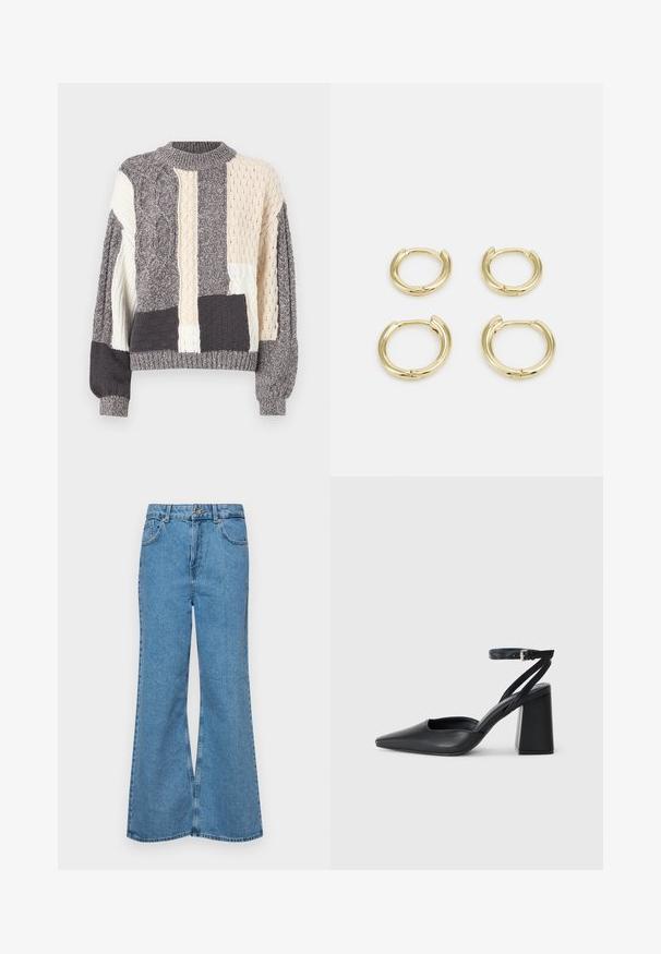 Halli ja kreemjas tooni lapitehnikas sviiter, mis on kaunistatud erinevate palmikknitise tekstuuridega, ümmarguse kaelusega ning ribadega mansettide ja äärega.; Heledad sinine flared teksade rõivad, millel on kõrge talje, viis taskut ja üks nupulukk. Pehme tekstuur ja pleekinud viimistlus.; Mustmustest must-käigukingad, millel on konksuga nöör ja paks konts. Ühtlane tekstuur, stiilne disain ja minimalistlik esteetika.; Kulla kõrguse ehted, neli tükki, sile viimistlus, ümar disain, erinevad suurused, millel on hingedega klamber mugavaks kandmiseks.