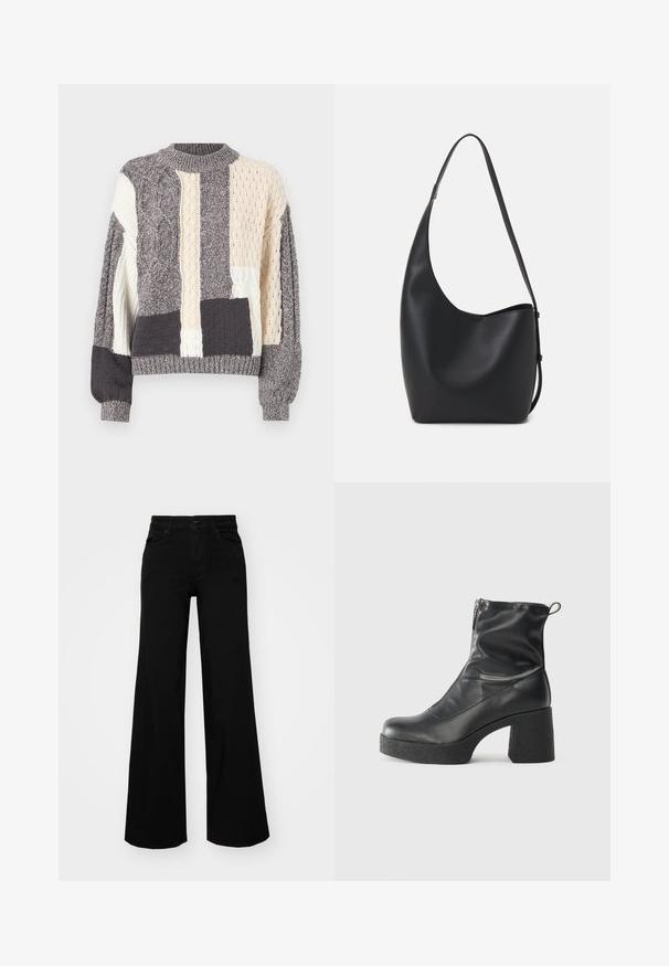 Gray and cream patchwork sweater featuring various cable knit textures, round neckline, and ribbed cuffs and hem.; Black wide-leg pants made of denim, featuring a structured waistband, belt loops, and front pockets. Smooth texture with a classic design.; Black ankle boots made of smooth leather, featuring a side zipper, chunky textured heel, and rounded toe design.; Black leather hobo bag with a smooth texture, curved shape, and single adjustable strap; features a wide opening at the top.