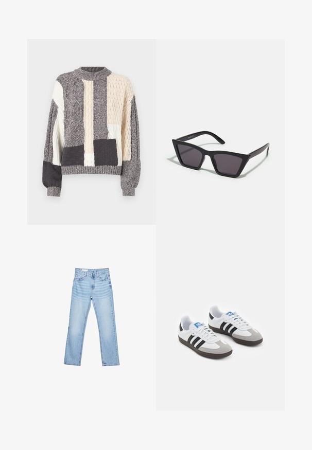 Szary i kremowy sweter w kratkę z różnymi fakturami warkoczy, okrągłym dekoltem oraz ściągaczami przy mankietach i u dołu.; Jasnoniebieskie dżinsy o prostym kroju, z pięcioma kieszeniami i widocznym przeszyciem. Średni stan z klasycznym zapięciem na guzik i zamek.; Buty sportowe z białą skórzaną cholewką, szarym zamszowym noskiem i trzema czarnymi paskami. Posiadają niebieskie logo na języku oraz teksturowaną gumową podeszwę.; Czarne, kanciaste okulary przeciwsłoneczne z szarymi soczewkami; wykonane z plastiku, z grubymi zausznikami o gładkiej powierzchni i bez widocznych elementów metalowych.