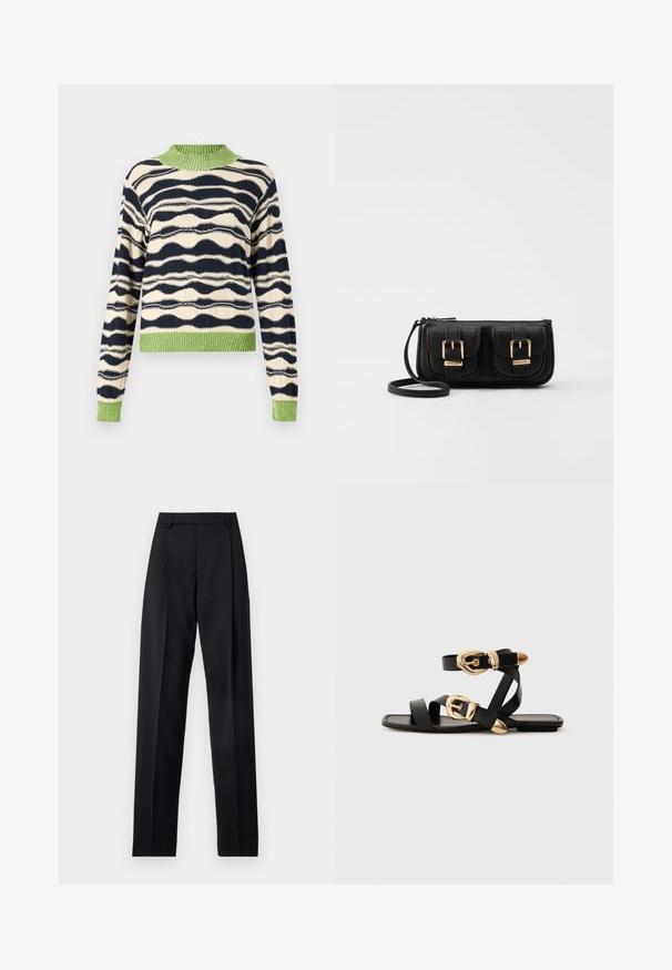 Henrik Vibskov WAVE - Pulover - black; Pantaloni negri dintr-un material neted, cu talie înaltă, picioare largi, pliuri frontale și loop-uri clasice pentru curea. Fără buzunare laterale vizibile.; Sandale din piele neagră cu accente aurii pe catarame, având mai multe curele și un design cu talpă plată pentru purtare cu degetele la vedere.; Geantă neagră din piele, tip crossbody, cu două buzunare frontale, catarame aurii, închidere cu fermoar și o curea subțire. Suprafață texturată și formă rectangulară compactă.