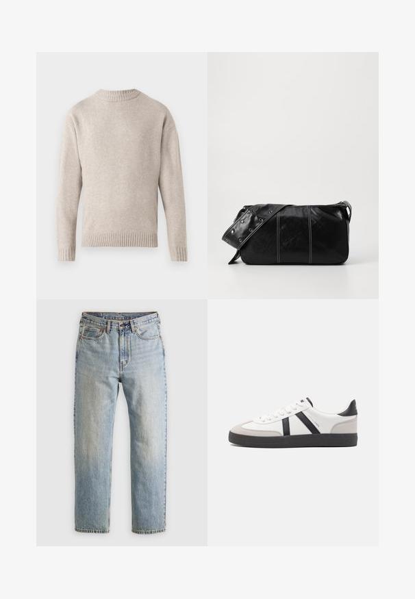 Pull en maille beige avec un col rond, des poignets et un ourlet côtelés, et une texture douce. Il présente une coupe décontractée et des manches longues.; Jean en denim bleu clair à taille haute, avec bouton avant, fermeture éclair et design à cinq poches, posé à plat sur un fond neutre.; Baskets blanches avec des accents noirs et gris, présentant un embout texturé gris, une semelle en caoutchouc noir et des lacets plats blancs. Design épuré, style minimaliste.; Sac à épaule en cuir noir avec une fermeture éclair, doté d'un corps texturé, de coutures blanches et d'une sangle avec des œillets en argent.