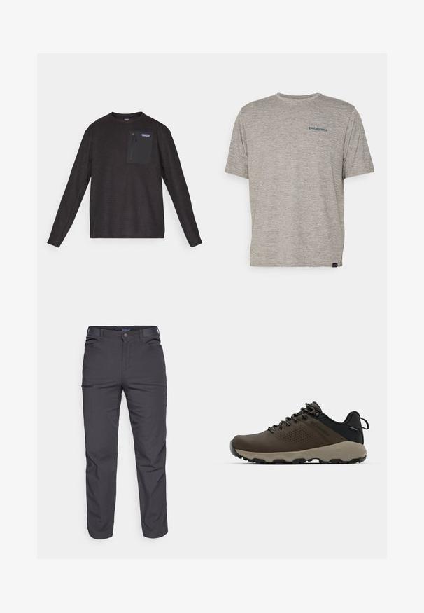 Fleece preto de manga longa com decote redondo, em tecido texturizado, com bolso no peito com zíper e logotipo da Patagonia.; Camiseta cinza de manga curta feita de um tecido suave e texturizado, com um pequeno logo azul da Patagonia no lado esquerdo do peito. Sem padrões adicionais.; Calças cinza-escuras feitas de um tecido durável, com um bolso com fecho éclair, corte reto e passantes para cinto para um ajuste ajustável.; Ténis impermeáveis castanhos com um upper texturizado, detalhes perfurados, apoio para o calcanhar preto e uma sola de borracha cinza. Os atacadores têm extremidades metálicas.