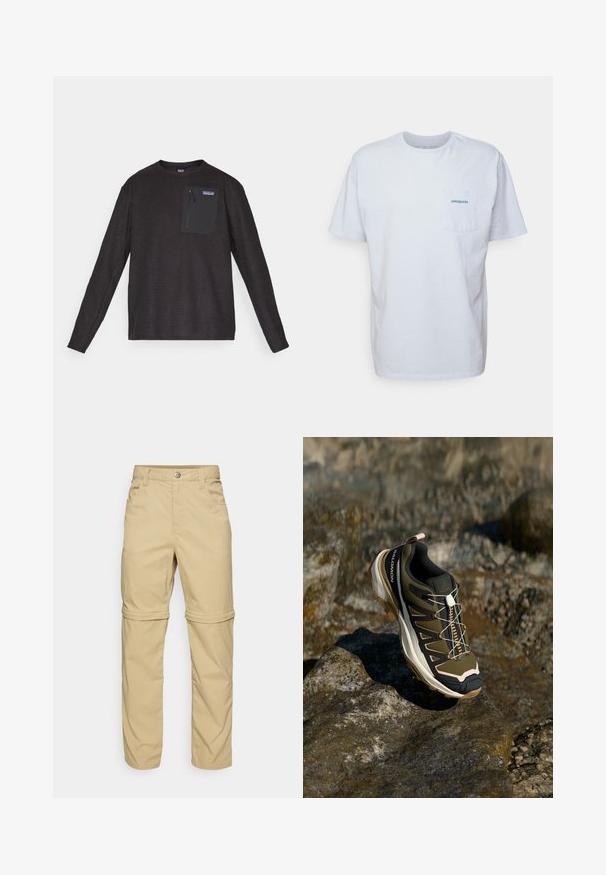 Črna dolga majica s dolgimi rokavi in ovratnikom s teksturirano tkanino ter žepom na zadrgo na prsih, ki nosi logotip Patagonia.; Bela bomba majica iz bombaža s kratkimi rokavi, okroglo ovratnikom in žepom na levi strani prsi, ki ima modri logo "Patagonia". Klasičen kroj z gladko teksturo.; Bež hlače z možnostjo odpnevanja z gladko teksturo, ki imajo dve stranski žep in zaponko na gumb, ter lahko zavihane manšete za večjo vsestranskost.; Pohodni čevlji v olivno zeleni in črni barvi s poudarki v roza. Imajo teksturirano zgornji del, fleksibilno podplat, ojačan zaščitni del za prste in barvit sistem vezalk.