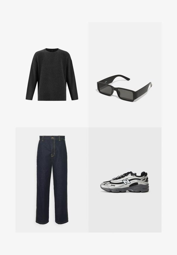 Schwarzer, strukturierter Pullover mit Rundhalsausschnitt und langen Ärmeln. Hat eine lockere Passform und eine weiche, flauschige Oberfläche.; Weite dunkelblaue Jeans mit gelben Nähten, ausgestattet mit einem vorderen Knopfverschluss und Seitentaschen. Glatte Textur und traditionelles Design.; Silberne und schwarze Sportschuhe mit einem Obermaterial aus Netzgewebe, gepolstertem Sohlendesign, Schnürverschluss und seitlichem Branding-Detail.; Schwarze Sonnenbrille mit rechteckigen Gläsern, mattem Kunststoffrahmen und geraden Kanten. Verfügt über das Markenlogo auf dem inneren Bügel.