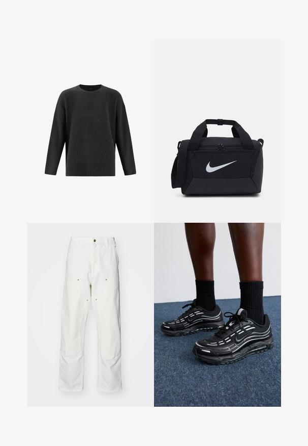 Schwarzer, strukturierter Pullover mit Rundhalsausschnitt und langen Ärmeln. Hat eine lockere Passform und eine weiche, flauschige Oberfläche.; Weiße Baumwoll-Cargohose mit lockerer Passform. Zu den Merkmalen gehören Fronttaschen, goldfarbene Hardware-Akzente und verstärkte Kniebereiche.; Schwarze Nike-Schuhe verfügen über ein Obermaterial aus Mesh mit Akzentstreifen, strukturiertem Schnürsystem und einer schwarzen Gummisohle. Getragen mit schwarzen, gerippten Socken.; Schwarze Duffel-Tasche aus glattem Stoff, mit zwei Reißverschlussfächern, gepolsterten Griffen und einem großen weißen Nike-Logo auf der Vorderseite.