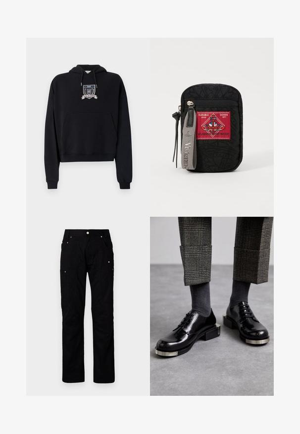 Črna kapuca z sprednjim žepom, rebrastimi manšetami in obrobom. Ima izvezeno grbasto zasnovo z napisi "Ljubezen in pravičnost" na prsih.; Črne cargo hlače iz trpežnega materiala, ki vključujejo več žepov, ojačane šive in kovinskedetajle za izboljšano funkcionalnost.; Črne polirane oxford čevlje s kvadratnim nosom, s srebrnim poudarkom na podplatu, v kombinaciji s sivo vzorčasto hlačami in sivimi nogavicami.; Črna torbica z teksturirano tkanino, ki vsebuje rdeč znak z logotipom, zadrgo in siv pas z vtisnjenim imenom blagovne znamke.