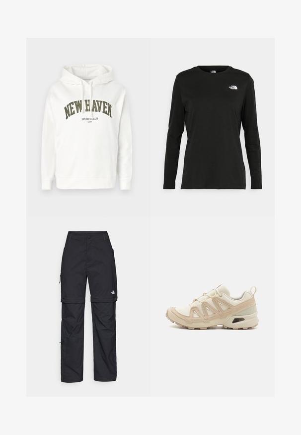 Haut à capuche blanc avec cordons, affichant "NEW HAVEN" et "SPORTS CLUB" imprimés en vert foncé. Tissu en coton doux, coupe décontractée.; T-shirt noir à manches longues en coton avec un col rond. Présente un petit logo blanc sur la partie gauche de la poitrine. Design et coupe simples.; Pantalons cargo en nylon noir, à zip amovible, avec chevilles ajustables, plusieurs poches et un logo sur la jambe droite. Texture lisse et légère.; Baskets de sport beiges et crème avec une tige en mesh texturé, des superpositions de soutien et une semelle en caoutchouc dotée d'un motif de crampons pour une traction.