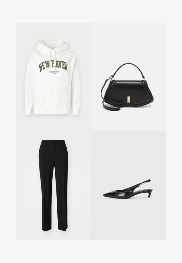White hoodie with drawstrings, featuring "NEW HAVEN" and "SPORTS CLUB" printed in dark green. Soft cotton material, relaxed fit.; Black tailored trousers with a straight-leg design, featuring a smooth texture and crisp creases along the front. No visible hardware.; Black leather slingback heels with a pointed toe, featuring a slim heel and a gold-tone accent on the adjustable strap. Smooth texture.; Black leather handbag with a structured design, featuring a cropped shape, top handle, and gold hardware accent. Adjustable shoulder strap included.